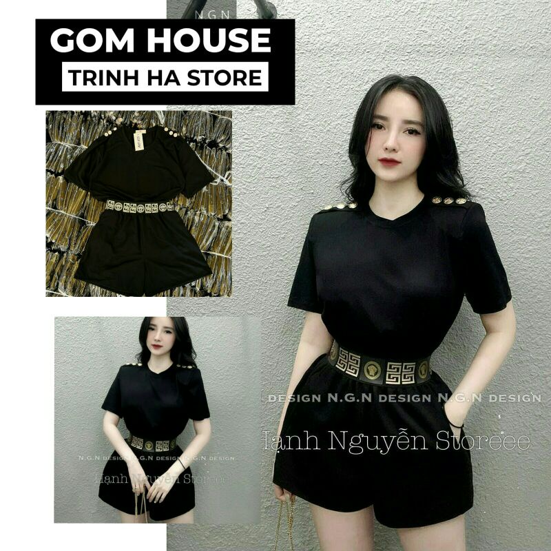 Set bộ đi chơi Versace, cúc đồng động vai lên form nét xuất sắc, quần ống rộng mặc siu sang