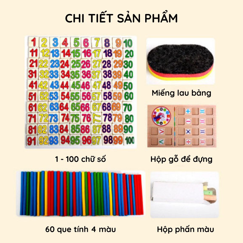 Hộp que tính kèm chữ số 100 chi tiết AIQ nhiều màu sắc kích thích bé tư duy học toán, tập đếm thông minh