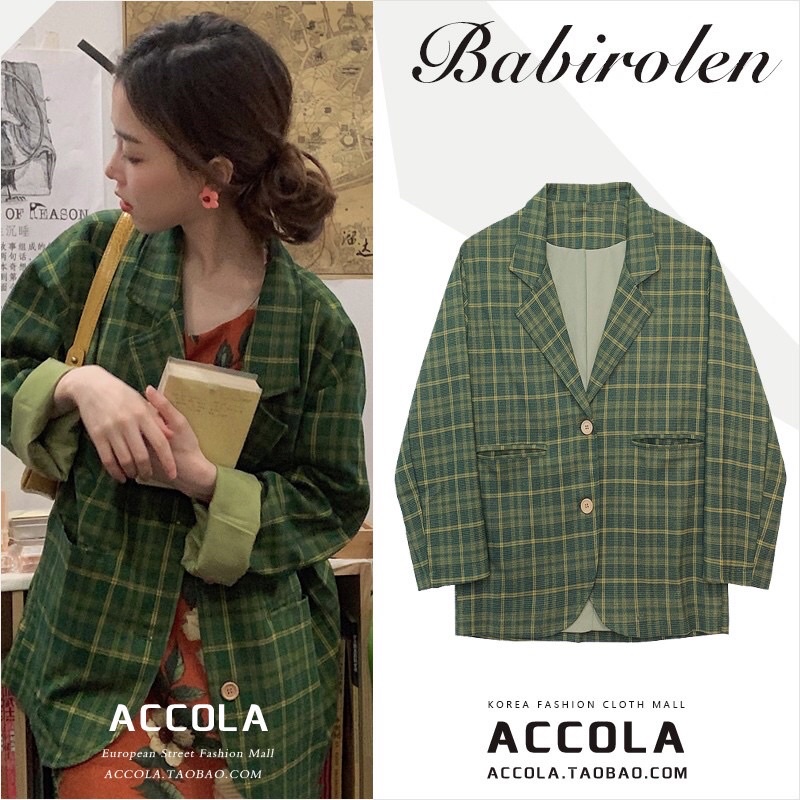 Áo khoác blazer nữ kẻ sọc caro màu xanh lá style Hàn Quốc-Order