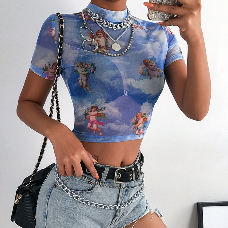 Xiangbao Áo Thun Crop Top Tay Ngắn Cổ Lọ Phối Lưới Xuyên Thấu In Hình Thiên Thần Màu Vui Nhộn Thời Trang Mùa Hè