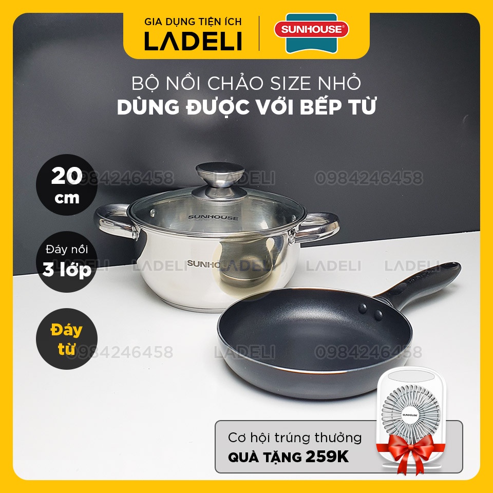 Combo nồi chảo đáy từ SUNHOUSE cỡ nhỏ size 20cm | LADELI - CBNC101