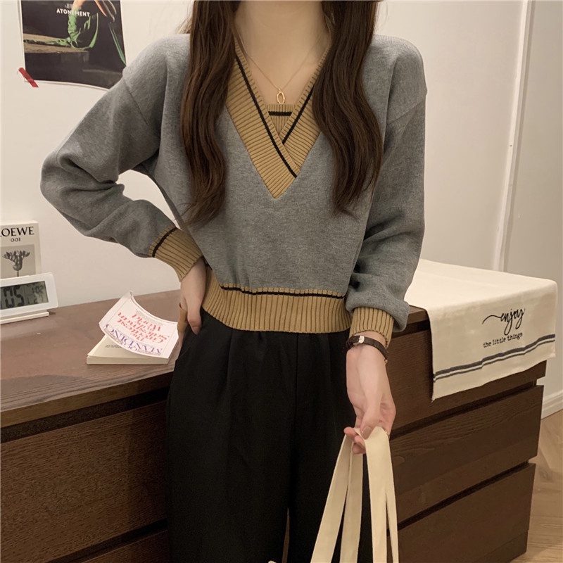 Áo sweater nữ dệt kim tay dài cổ V thời trang phong cách Hàn Quốc