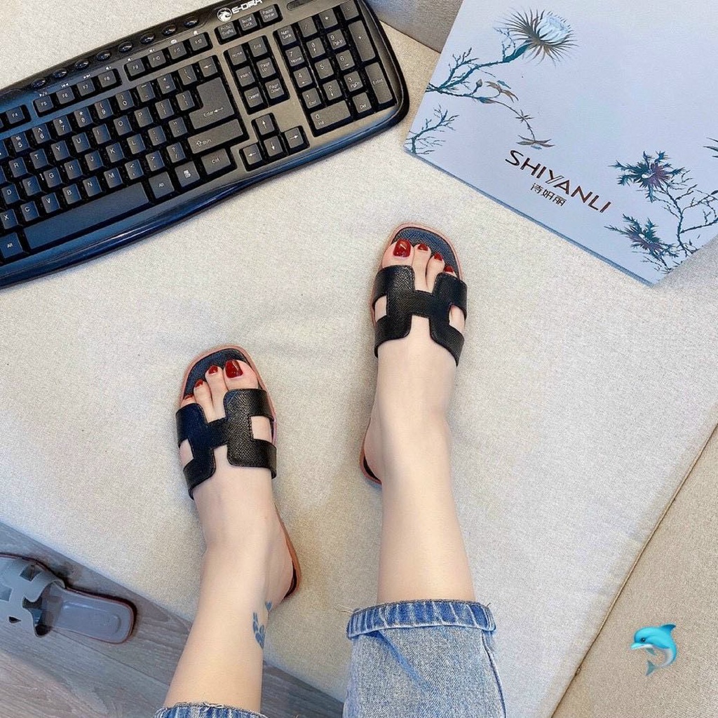 Dép thời trang Hm da sần đế gỗ