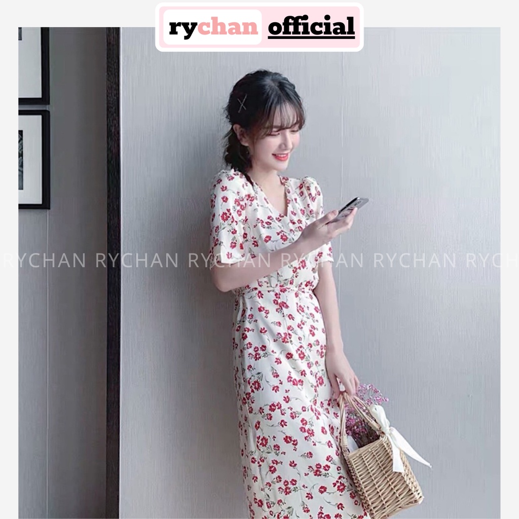 Đầm Đi Du Lịch Biển Xòe Hoa Đỏ Xẻ Tà Cổ V Tay Ngắn Thục Nữ - DX745