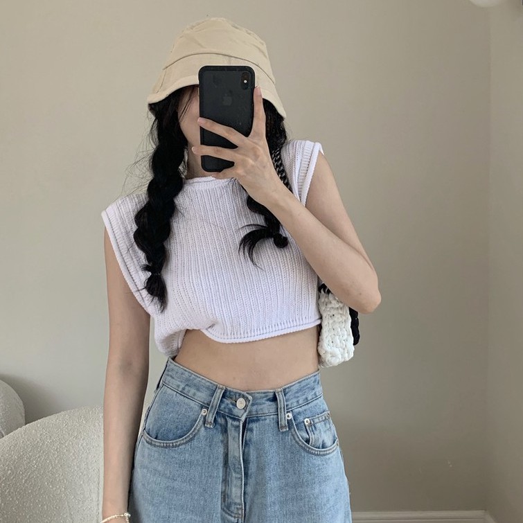 Cocory vn Áo croptop dệt kim không tay màu trơn thời trang Hàn Quốc sành điệu cho nữ | BigBuy360 - bigbuy360.vn