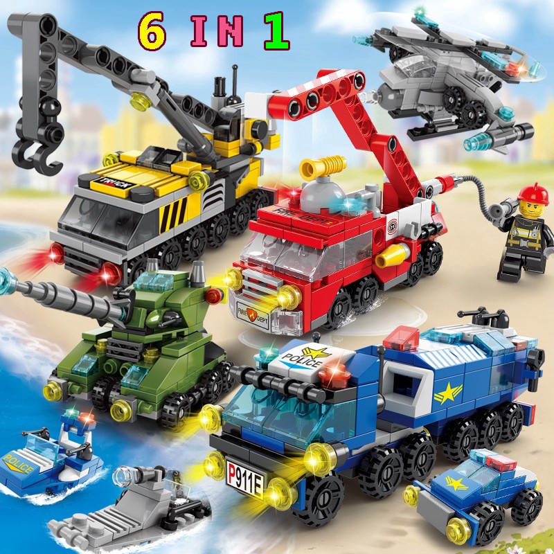 Set 100/200 miếng lego đồ chơi giáo dục hình xe hơi xây dựng các tòa nhà xe cảnh sát xe cứu hỏa thuyển chở hàng máy bay