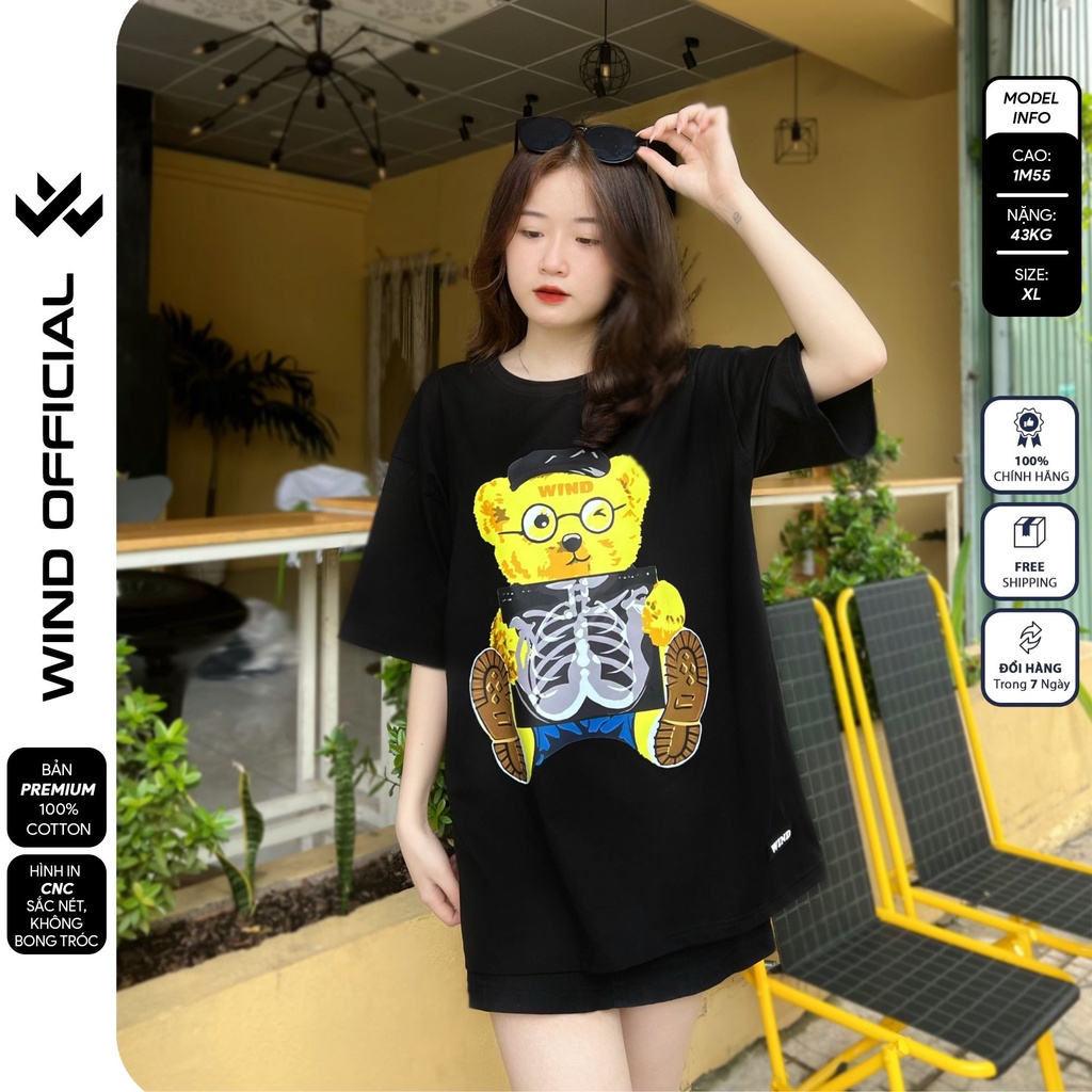 Áo thun tay lỡ form rộng WIND phông unisex 65% Cotton Gấu Vàng nam nữ oversize ulzzang