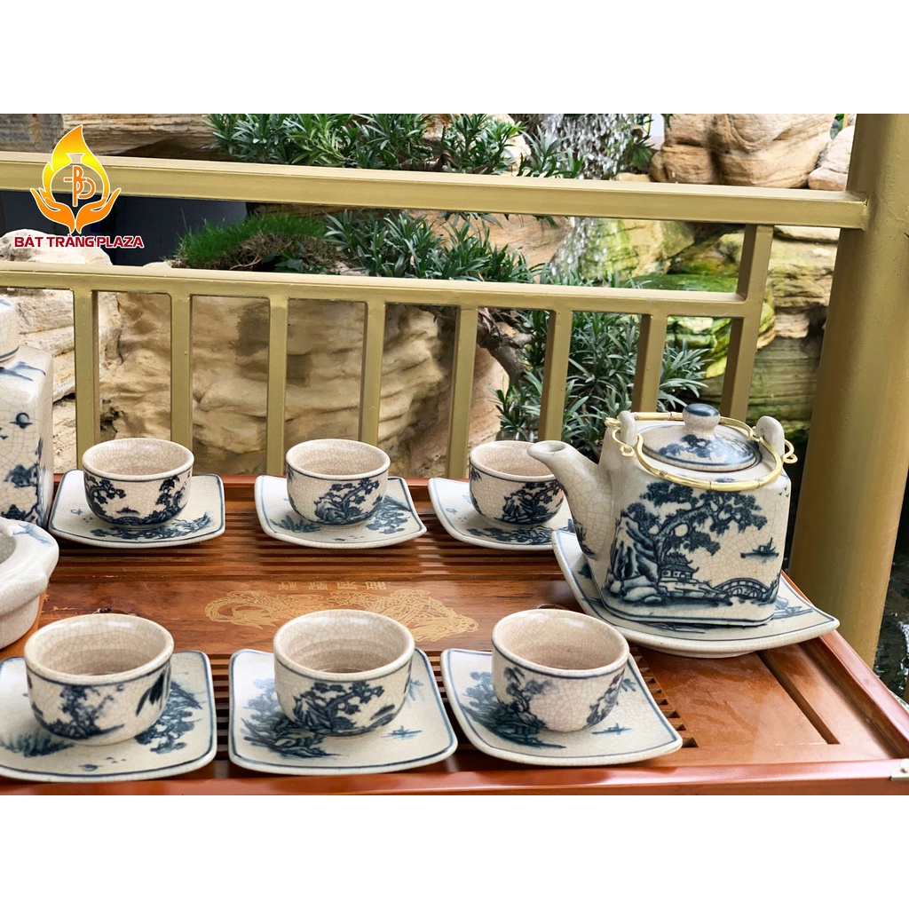 Bộ ấm trà men rạn Bát Tràng kiểu vuông