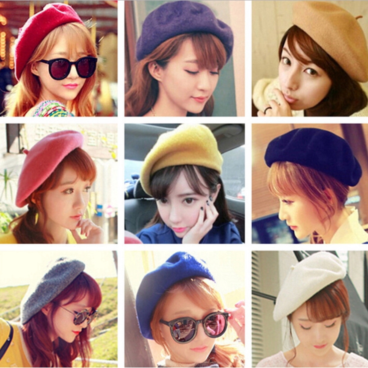 【sweet】Korean Women retro Classic Warm Hairy Beret Hat candy color Fedora Beanie Cap
