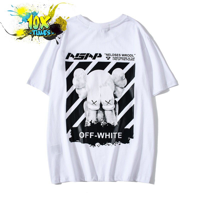 (ảnh thật, full size) Áo thun tee off white (offwhite) với gấu bearbrick che mặt kwas trắng đen tay lỡ form rộng unisex