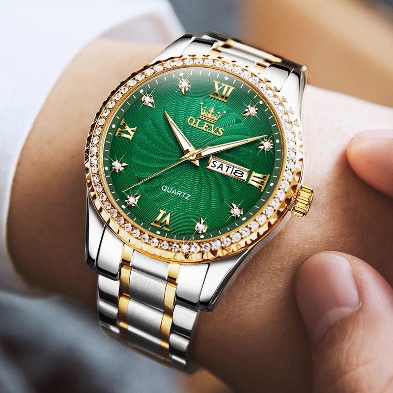 OLEVS 5565 đồng hồ nam chính hãng cao cấp chống nước dây thép đính đá đẹp vàng màu xanh lá trắng | BigBuy360 - bigbuy360.vn