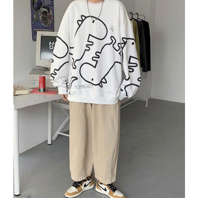 Áo Nỉ Sweater Tay Bồng Khủng Long Unisex Nam Nữ Ulzzang - ÁO NỈ DINOSAUR TRẮNG ĐEN IN CHỮ HOT