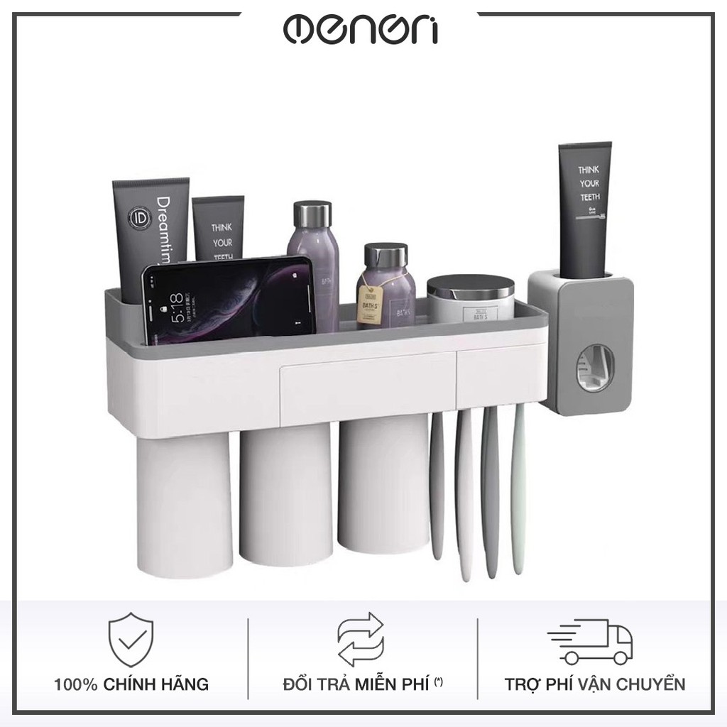 Kệ treo bàn chải đánh răng OENON kèm hộp nhả kem đánh răng tự động - Bộ 3 Cốc