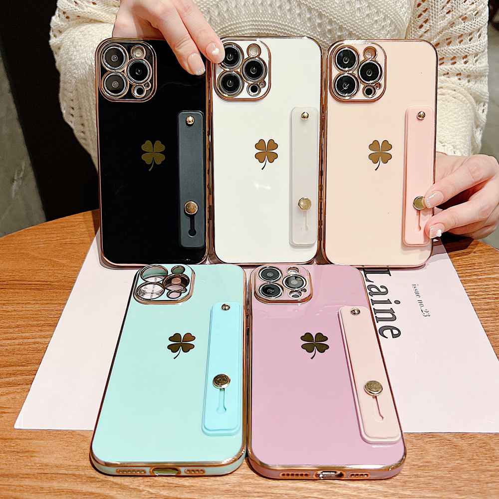 Ốp Điện Thoại TPU Mềm Họa Tiết Cỏ Ba Lá Có Dây Đeo Cổ Tay Làm Vòng Đỡ Cho iPhone 11 12 13 Pro Max