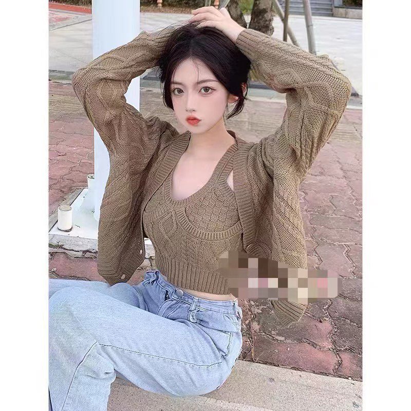 Set áo khoác len cardigan kèm áo 2 dây len kiểu dáng croptop cực xinh SET02