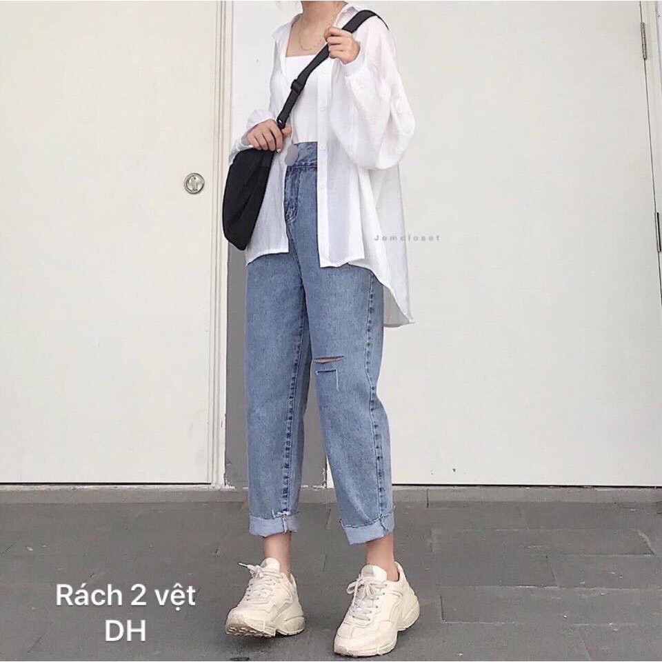 Quần jeans nữ dáng baggy Unisex rách đùi Bingshop