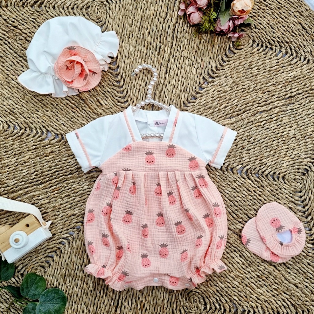 Set Body Dứa Hồng gồm mũ và giày vải - Soli Kids - CHẤT VẢI XÔ MUSLIN