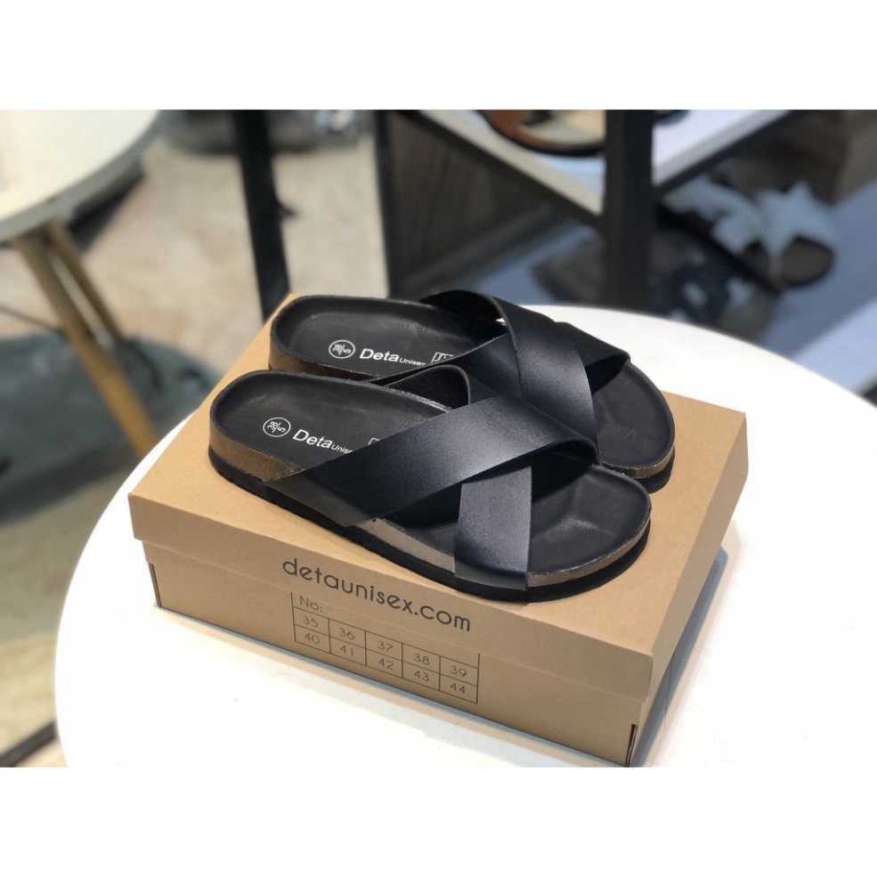 Dép Nam Nữ Quai Chéo Đế Trấu Màu Đen Trắng Êm Chân Full Đen Detaunisex Mã DETA23