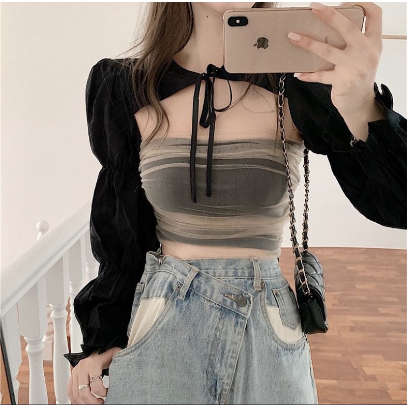 Set Áo Tube Và Áo Khoác Thời Trang Ulzzang, [ADORABLE], Set Áo Phối Lưới Và Áo Khoác Tay Dài Hot Trend 2022 Ảnh Thật