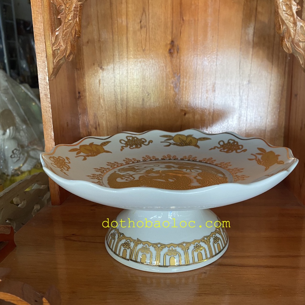 Đĩa sứ họa tiết trắng rồng vàng 4 cỡ ĐK: 15cm, 17cm, 19cm, 22cm