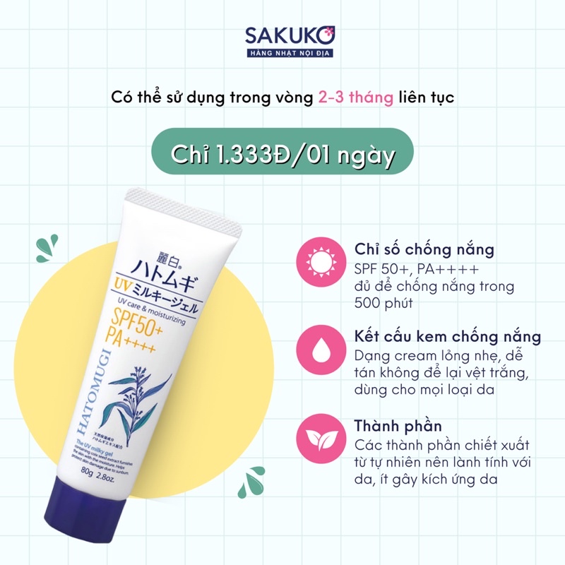 Kem Chống Nắng Trắng Da, Kem Chống Nắng Dưỡng Ẩm Toàn Thân Cho Da Khô HATOMUGI Ý Dĩ Không Màu SPF 50+ - SAKUKO