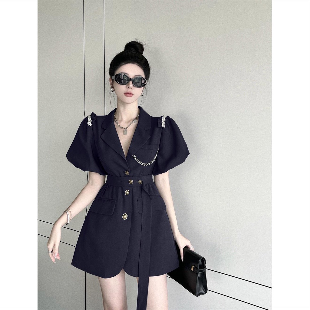 French imperial sister Fan temperament bubble sleeve advanced sense skirt summer bare back loose waist suit dress women's dress