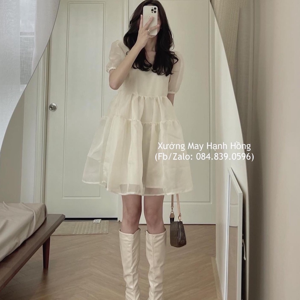 Váy babydoll voan tơ bồng 2 lớp hàng Quảng Châu, đầm cổ vuông tay bồng kèm ảnh thật