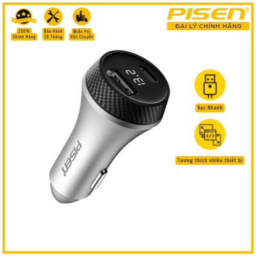 Tẩu sạc nhanh ô tô PISEN Quick Car QP30 (QC, PD 30W, 12V/24V, LED) -TS-C104