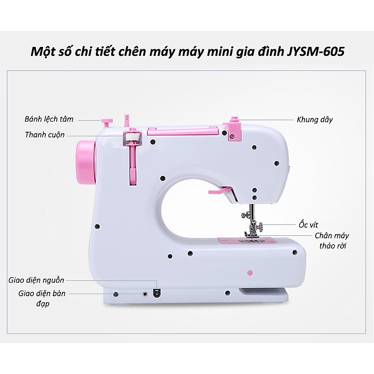 Bộ Máy may mini gia đình JYSM 605a Loại mới có 12 đường may, vắt sổ, may lại mũi và đèn soi chỉ