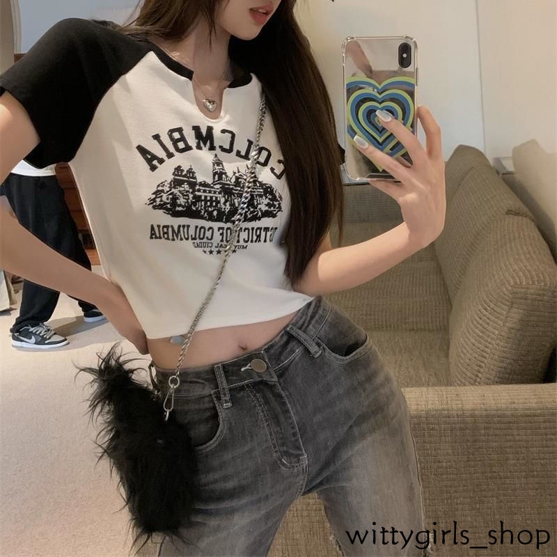 Wittygirls-áo Thun Ngắn Tay Thời Trang Mùa Hè Màu Trơn Phong Cách Mỹ Ngọt Ngào