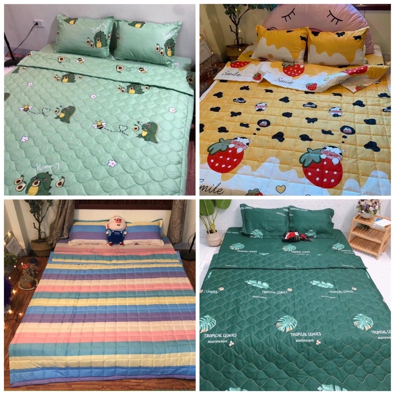Bộ chăn ga hè thu 5 món bao gồm 1 chăn Trần bông, 2 vỏ gối nằm, 1 ga bo chun và 1 vỏ gối ôm