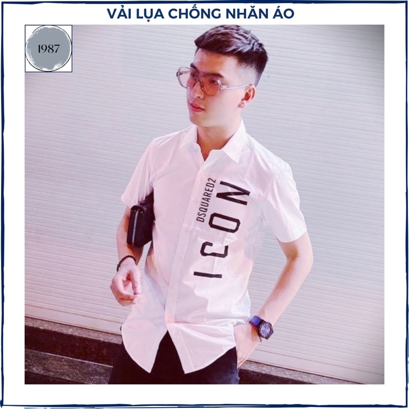Áo sơ mi nam tay ngắn, sơ mi lụa chống nhăn form chuẩn in hình ICON phong cách hàn quốc
