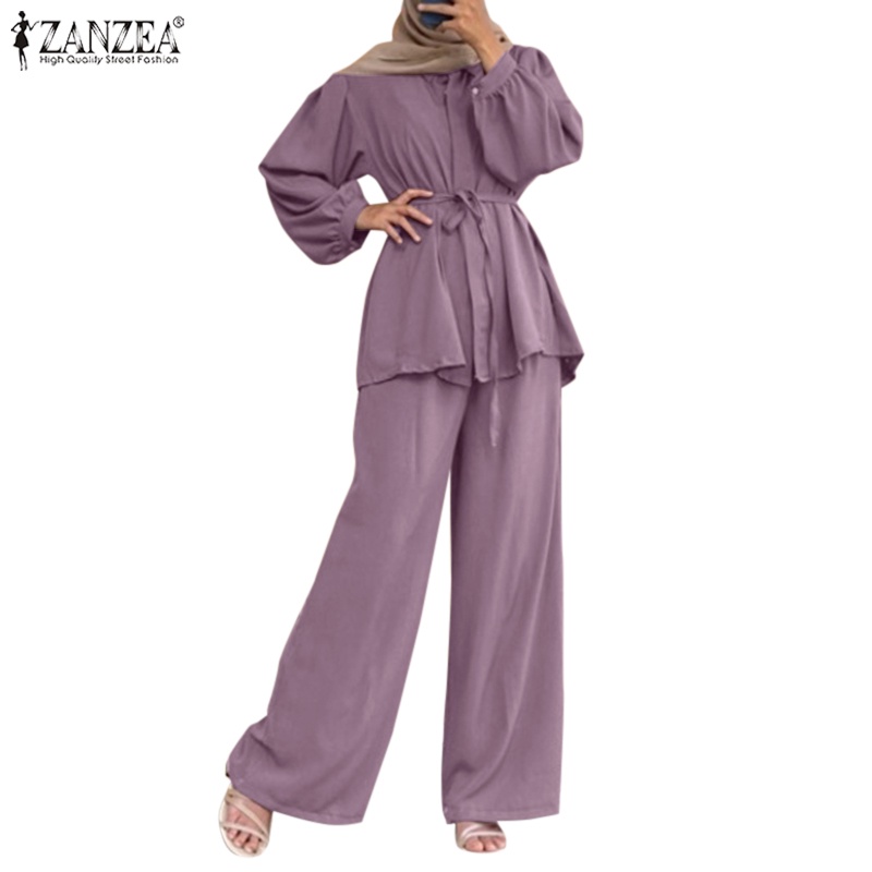 Zanzea Bộ Áo Tay Phồng + Quần Dài Ống Rộng Co Giãn Thời Trang Đường Phố Hồi Giáo Cho Nữ