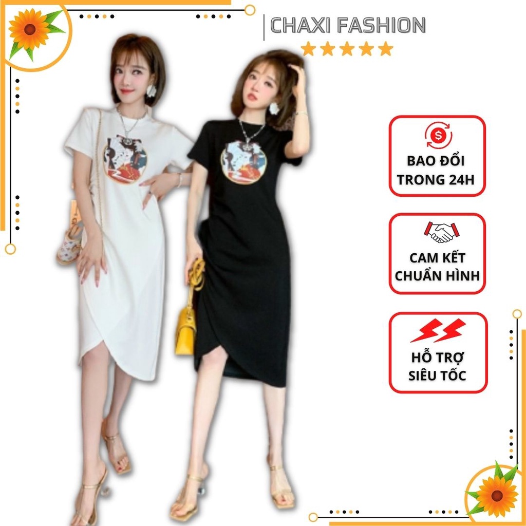 HÀNG NHẬP - ĐẦM SUÔNG THUN VẠT XẺ IN HỌA TIẾT CÔ GÁI NHẬT - KBT213390