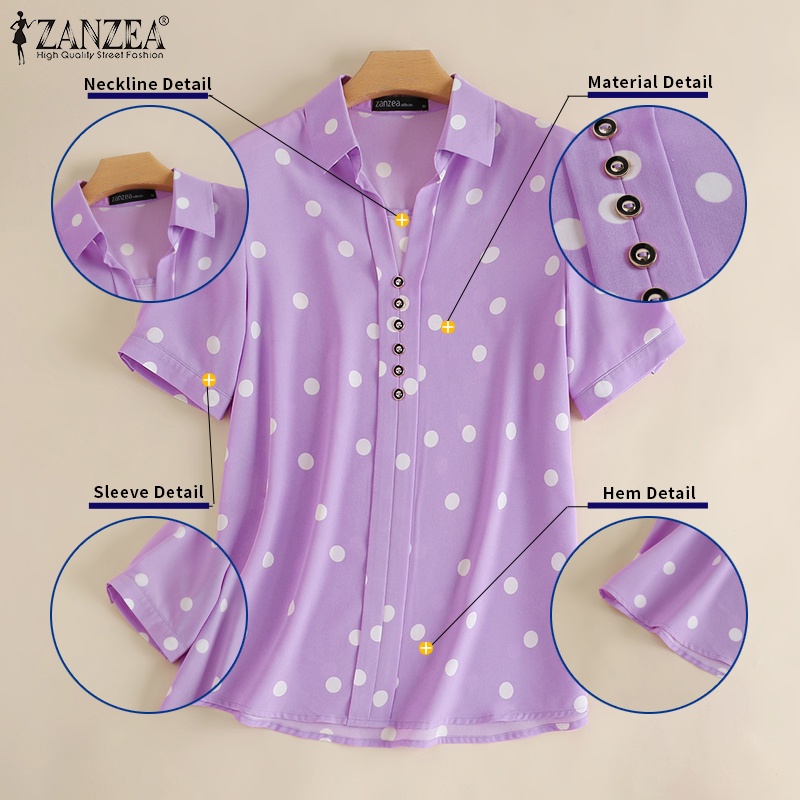 ZANZEA Áo Sơ Mi Nữ Tay Ngắn Cổ Bẻ Họa Tiết Chấm Bi Thời Trang