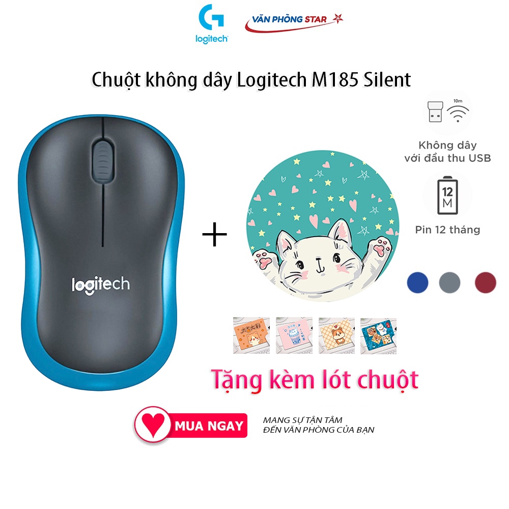 Chuột không dây Logitech wireless M185 cảm biến quang học kết nối 10m chính hãng tại vanphongstar