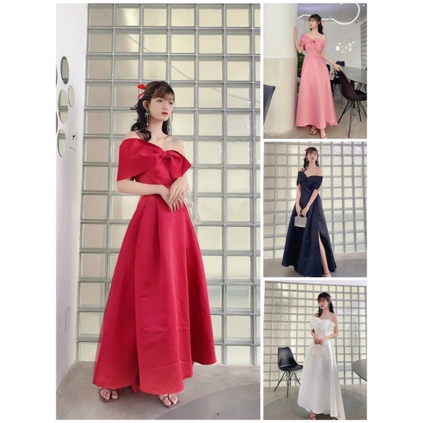 Đầm dáng midi xoè trễ rớt vai nơ ngực xẻ đùi gợi cảm sang trọng TRIPBLE T DRESS - size M/L - MS351V