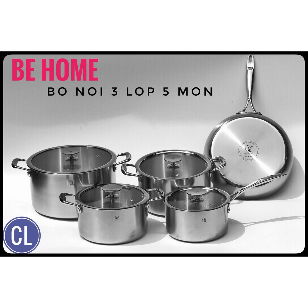 Bộ nồi Behome 3 lớp 5 món vung kính Inox 304 cao cấp