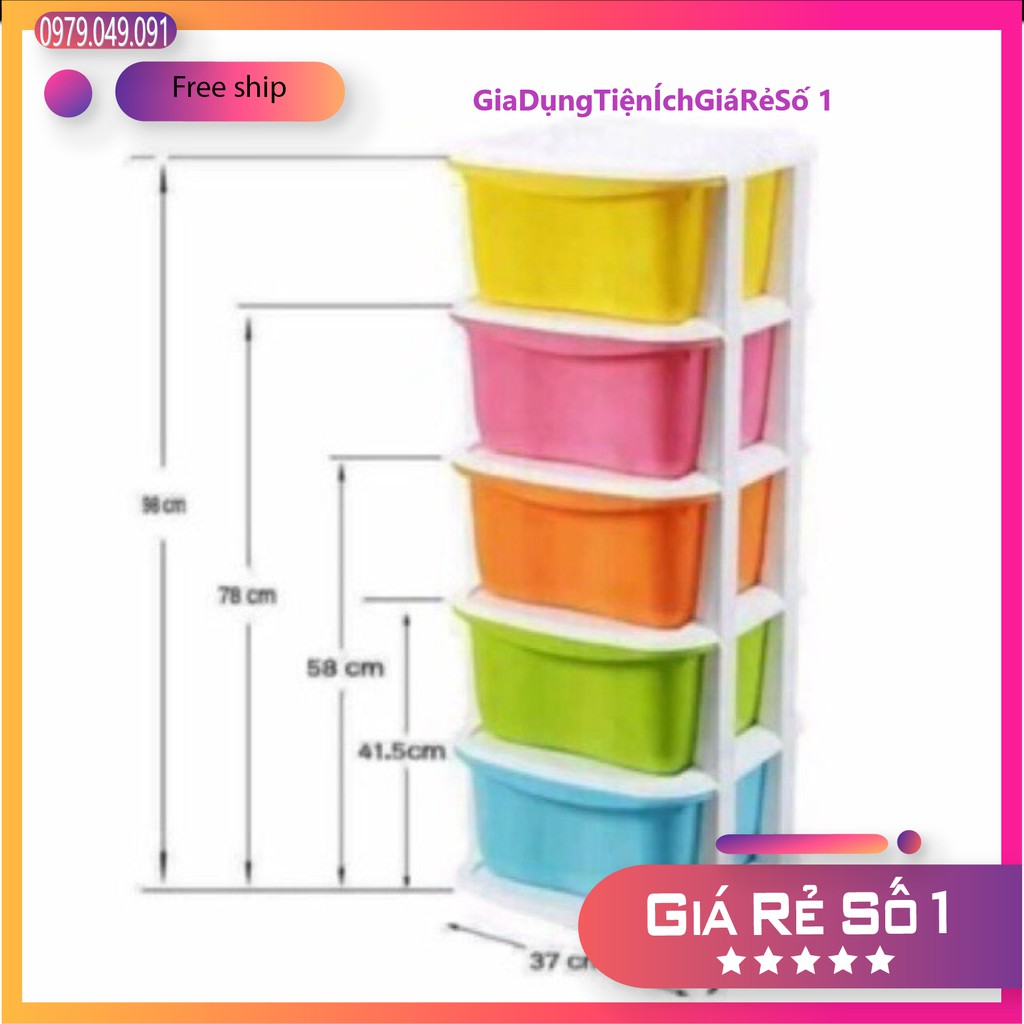 Tủ nhựa đa sắc ngăn kéo 5 tầng có bánh xe hàng Việt Nhật. Chất Lượng Cao-(Kt 36x36x94 cm)