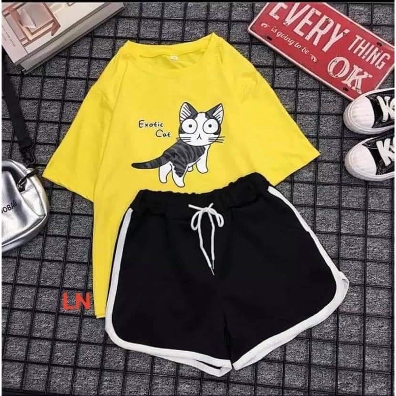 Sét áo phông mèo cat + quần đùi viền TH6