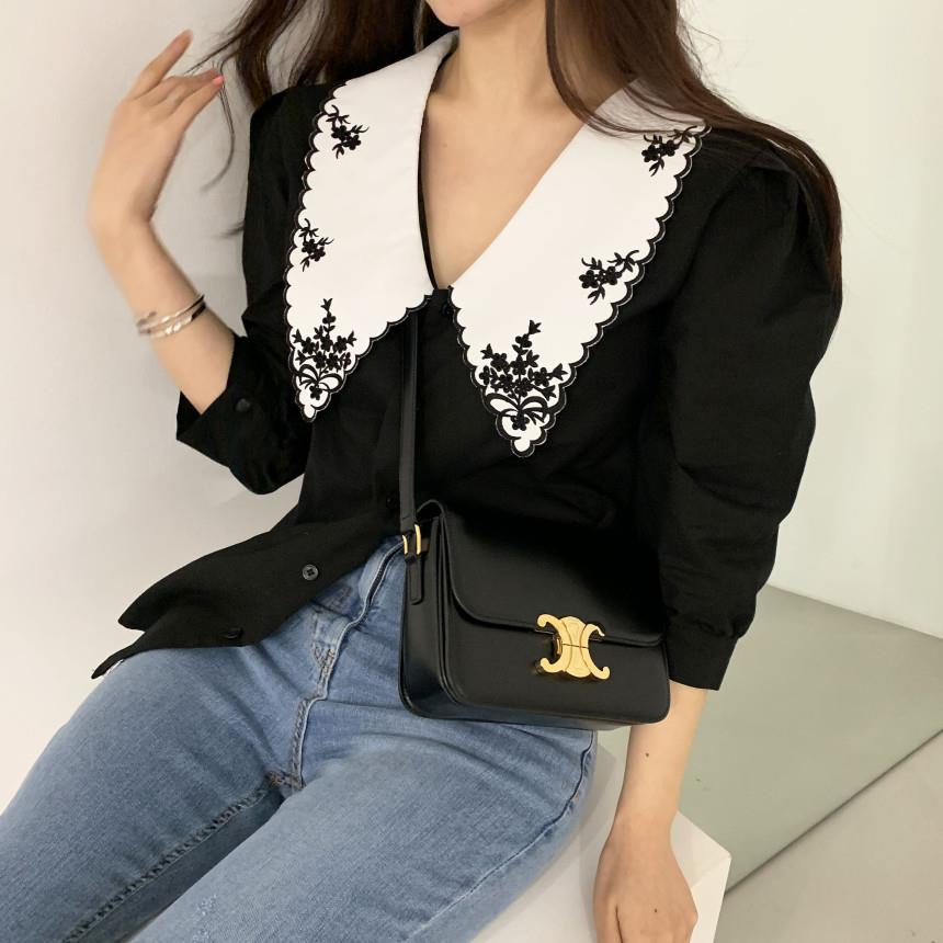 Áo Sơ Mi Tay Phồng Cổ Bẻ Thêu Họa Tiết Màu Sắc Tương Phản Phong Cách Hàn Quốc Thời Trang Mùa Hè Cho Nữ