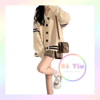 Áo Khoác Len Cardigan Cổ Tim Nút Tay Kẻ Ngang Phong Cách Retro Nhật Bản Tay Dài | Bé Tiu Clothing