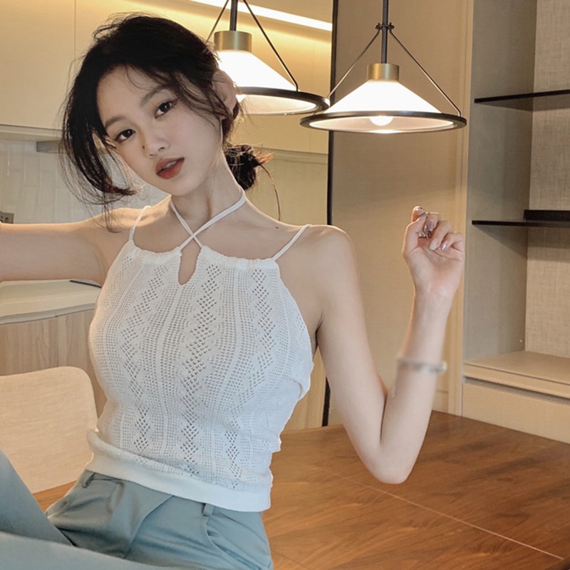 Áo tank top dệt kim cột dây màu trơn quyến rũ cho nữ