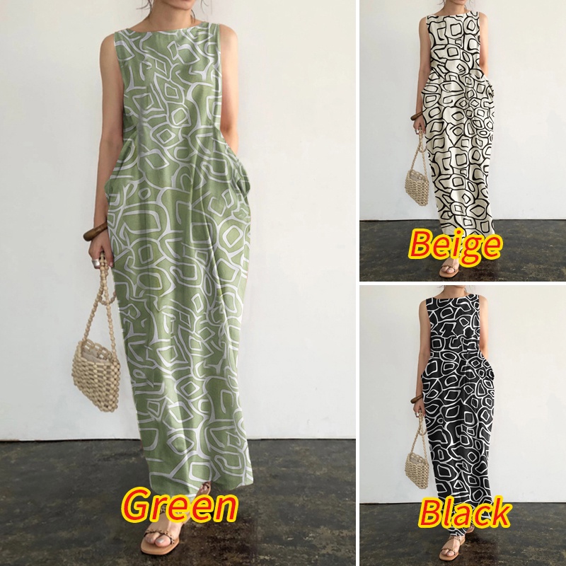 Đầm dài Zanzea không tay họa tiết hình học thời trang nữ tính