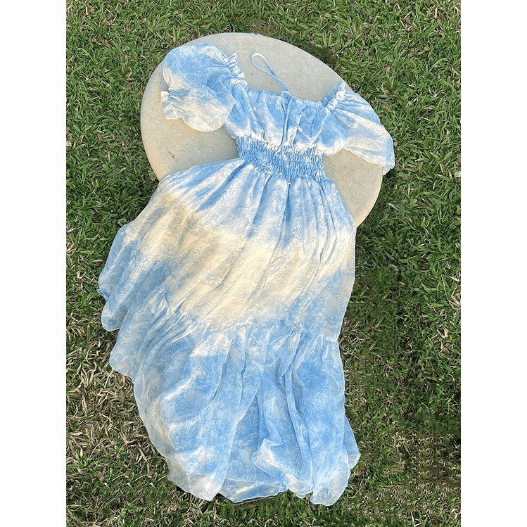 (Free ship) Đầm Voan Xanh Trễ Vai Dáng Xòe Đẹp Lung Linh UP HHP Fashion