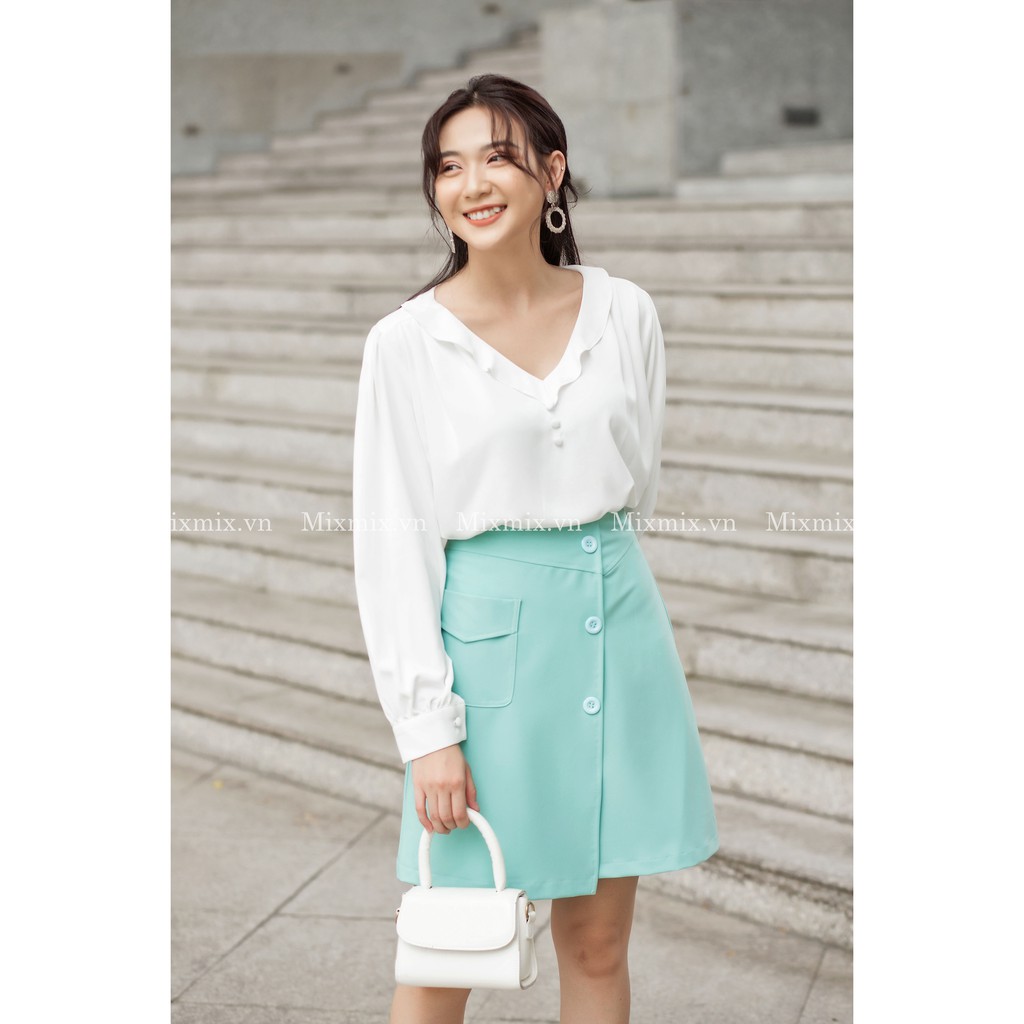 Áo lụa cổ tim viền bèo - MIXMIX - Hàng thiết kế- Hình chụp thật 100%