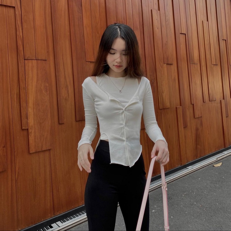 Áo Thun Tay Dài Màu Trơn Thiết Kế Xẻ Tà Kèm 2 Áo Tank Top