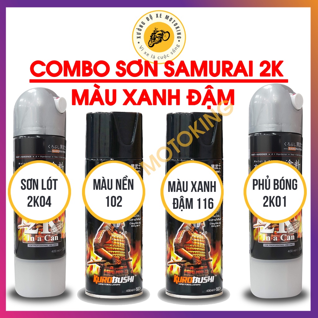 combo sơn Samurai màu xanh dương đậm 116 loại 2K chuẩn quy trình độ bền 5 năm gồm 4 chai 2K04 - 102 - 116 - 2K01