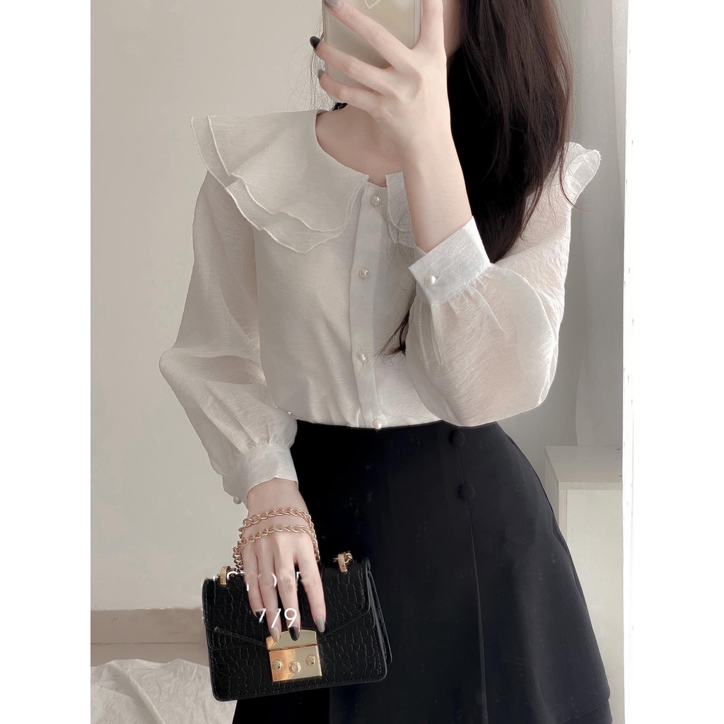 Áo Sơ Mi Voan Cổ Sen Dài Tay Cúc Ngọc - Áo Sơ Mi Tiểu Thư Cách Điệu