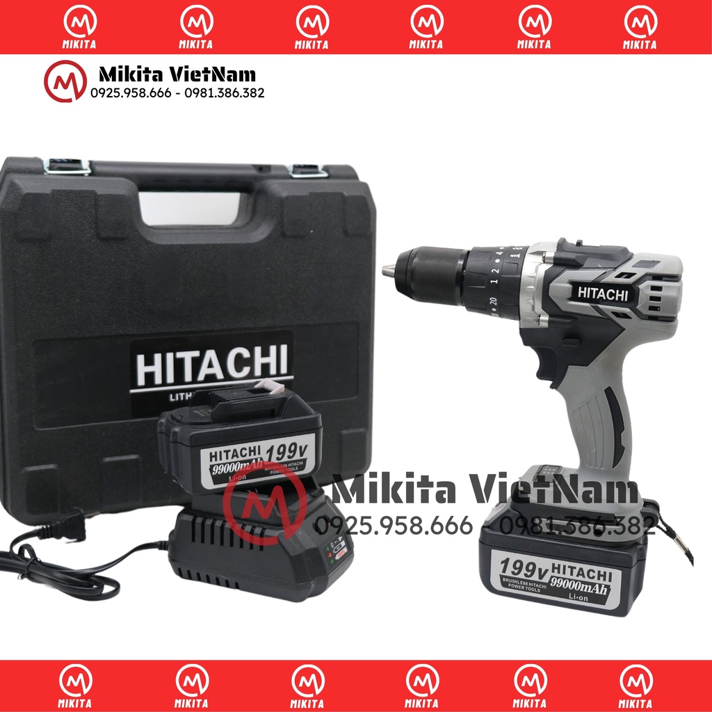 Máy Khoan Pin HITACHI 199V Động Cơ Không Chổi Than, Đầu Auto Lock 13mm